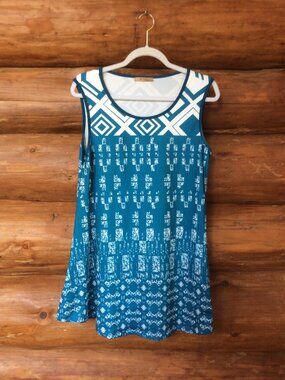 Mckol Teal & White Geometric Print Sleeveless Activewear Dress Size Large